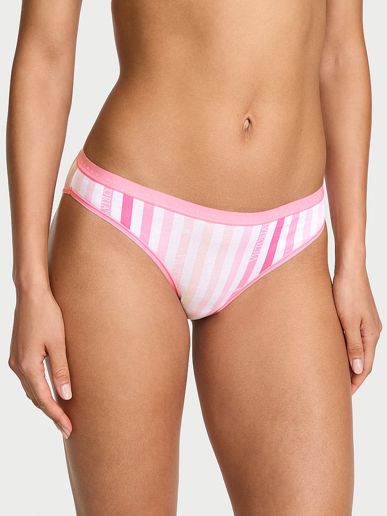 Victoria's Secret, Victoria's Secret Body by Victoria Stretch Cotton Lace-Waist Bikini Panty, Pink Logo Stripes, onModelFront, 1 of 3