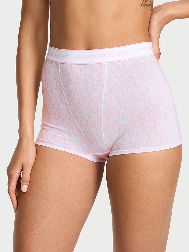 Victoria's Secret, Cotton Exploded Logo Cotton High-Waist Boyshort Panty, Pink Victoria Logos, onModelFront, 1 of 3