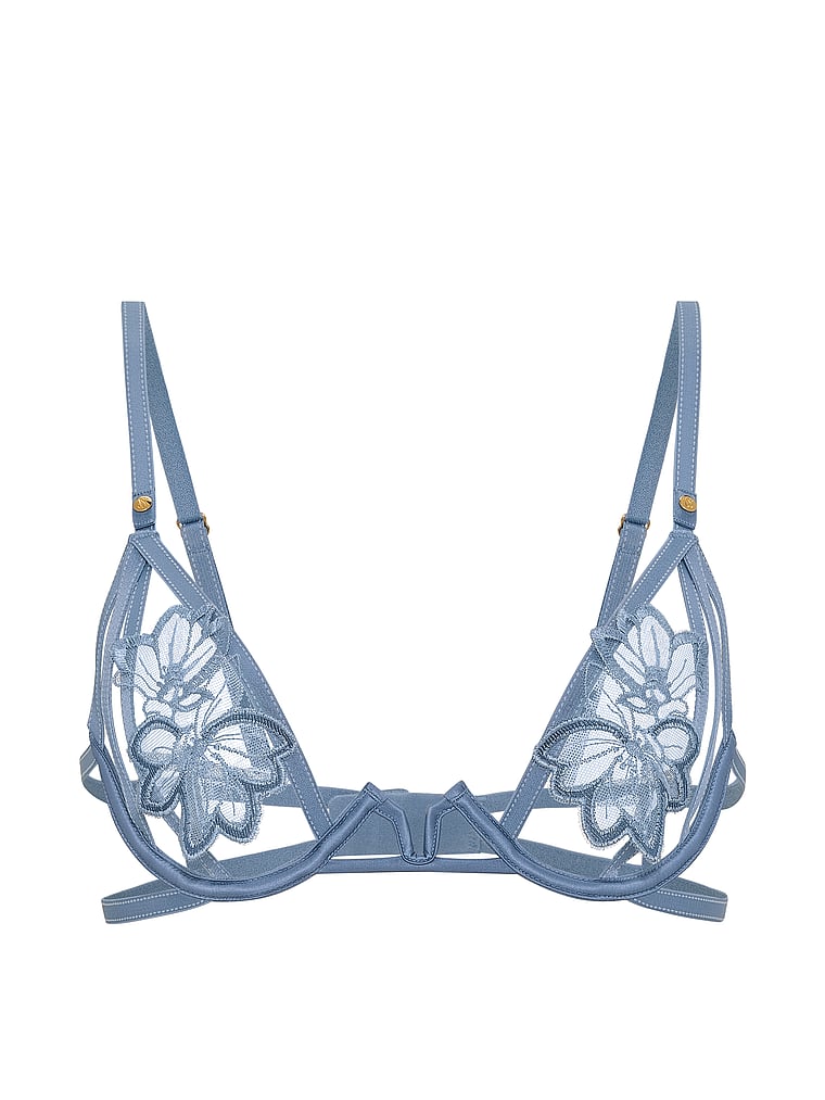 Victoria's Secret, Very Sexy Denim Embroidery Open-Cup Bra, Denim Blue, offModelFront, 4 of 5
