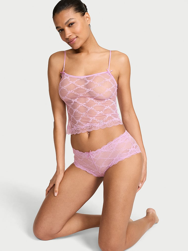 Victoria's Secret, Victoria's Secret Tease Bow Lace Cami & Shortie Set, Bikini Pink, onModelFront, 1 of 3