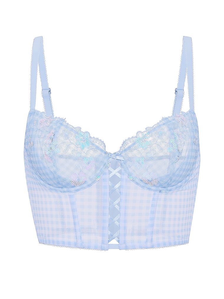 Victoria's Secret, Dream Angels Wicked Gingham Embroidery Corset Top, Blue Gingham, offModelFront, 4 of 5