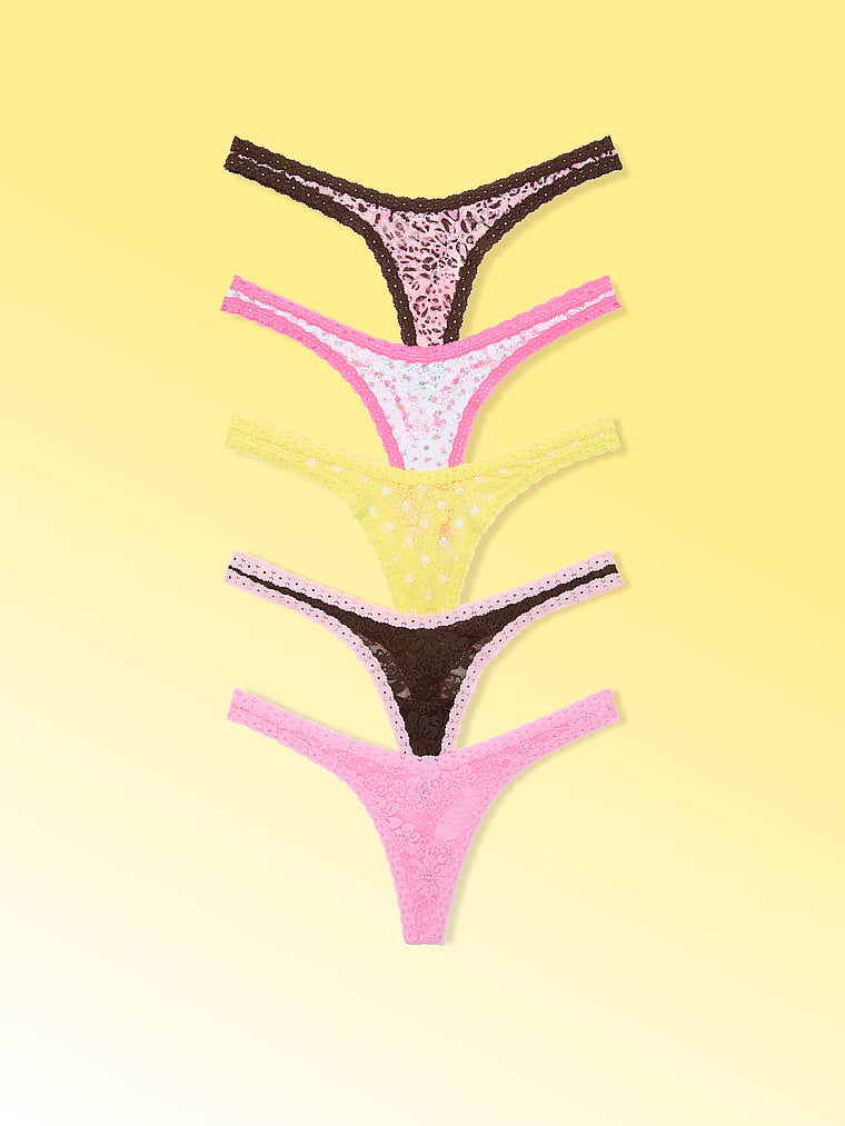 PINK by Frankies Bikinis Eden 5-Pack Lace Teeny Thong, Multi, featured, 1 of 2