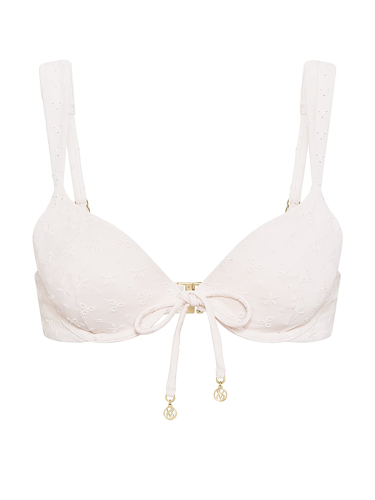 Victoria's Secret, Victoria's Secret Swim Eyelet Tie-Front Push-Up Bikini Top, Coconut White, offModelFront, 4 of 4