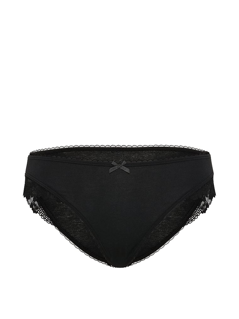 Victoria's Secret, Victoria's Secret Body by Victoria Stretch Cotton Lace-Waist Bikini Panty, Black, offModelFront, 3 of 3
