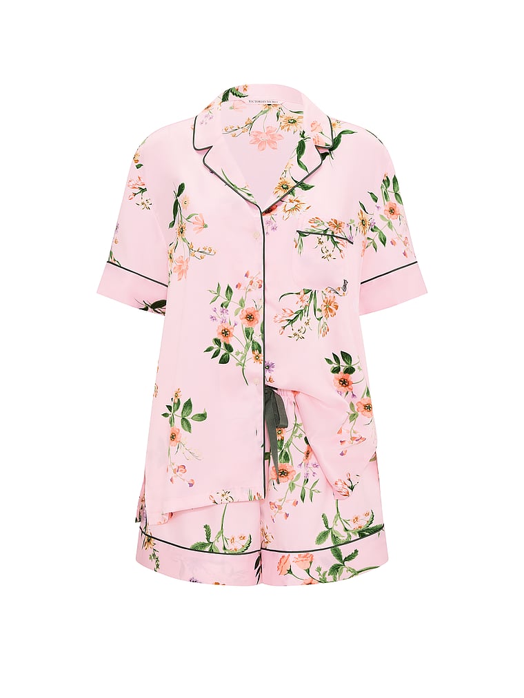 Victoria's Secret, Victoria's Secret Signature Satin Short Pajama Set, Angel Pink Botanical, offModelFront, 3 of 5