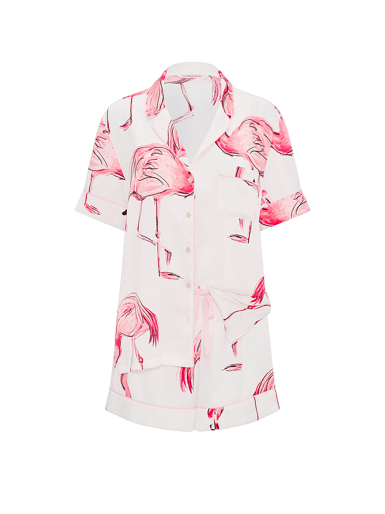 Victoria's Secret, Victoria's Secret Signature Satin Short Pajama Set, Coconut White Flamingos, offModelFront, 3 of 5