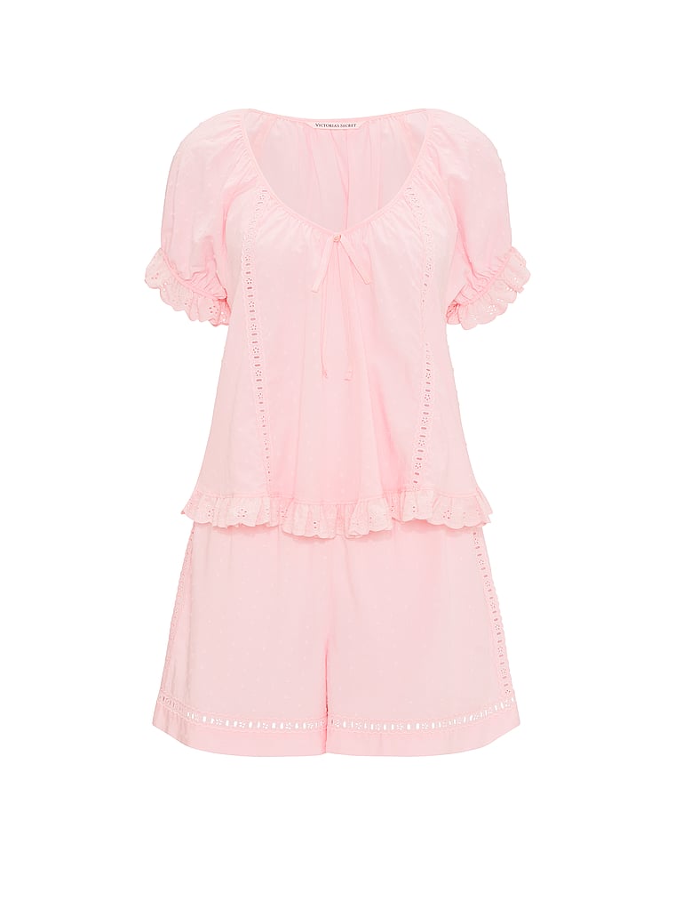Victoria's Secret, Victoria's Secret Cotton Dream Puff-Sleeve Short Pajama Set, Angel Pink, offModelFront, 4 of 5