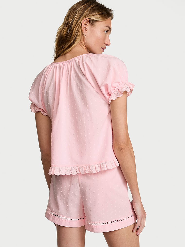 Victoria's Secret, Victoria's Secret Cotton Dream Puff-Sleeve Short Pajama Set, Angel Pink, onModelSide, 3 of 5