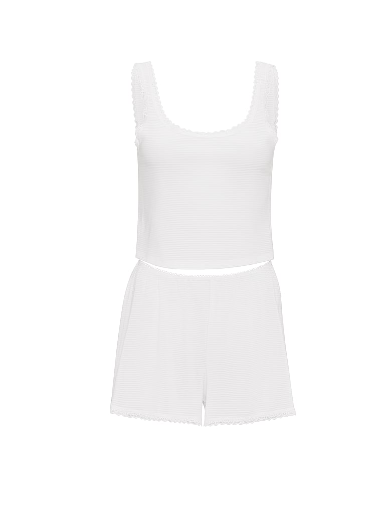 Victoria's Secret, Victoria's Secret Cotton Shadow Stripe Cropped Tank & Shorts Set, VS White, offModelFront, 3 of 4