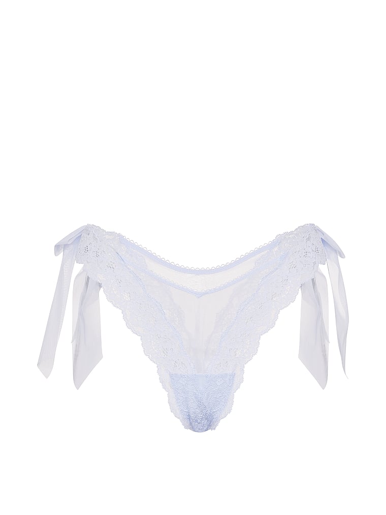 Victoria's Secret, Dream Angels Sheer Ribbon Slot Open-Back Brazilian Panty, Belle Blue, offModelFront, 3 of 3