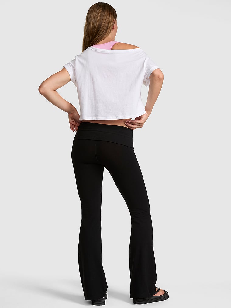 PINK All-Day Cotton™ Rib Waistband Flare Leggings, Pure Black, onModelBack, 2 of 3