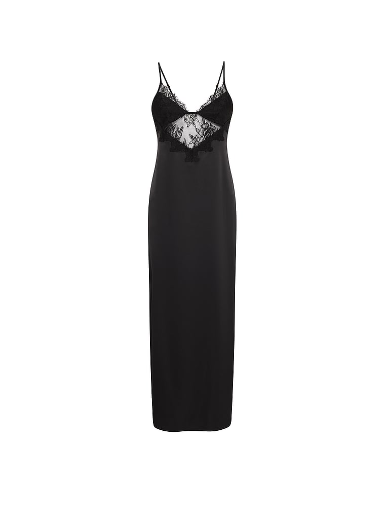 Victoria's Secret, Very Sexy Satin Rose Lace High-Slit Maxi Slip Dress, Black, offModelFront, 3 of 4