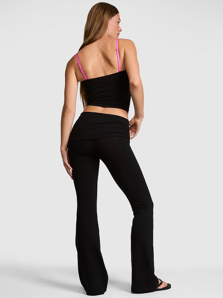 PINK All-Day Cotton™ Extreme Foldover Flare Leggings, Pure Black, onModelBack, 2 of 3