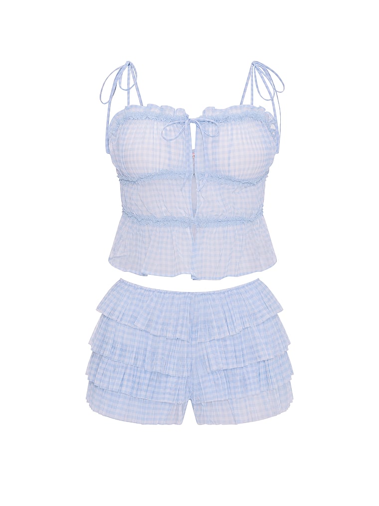 Victoria's Secret, Dream Angels Gingham Chiffon Cami & Ruffled Short Set, Linen Blue Gingham, offModelFront, 2 of 4