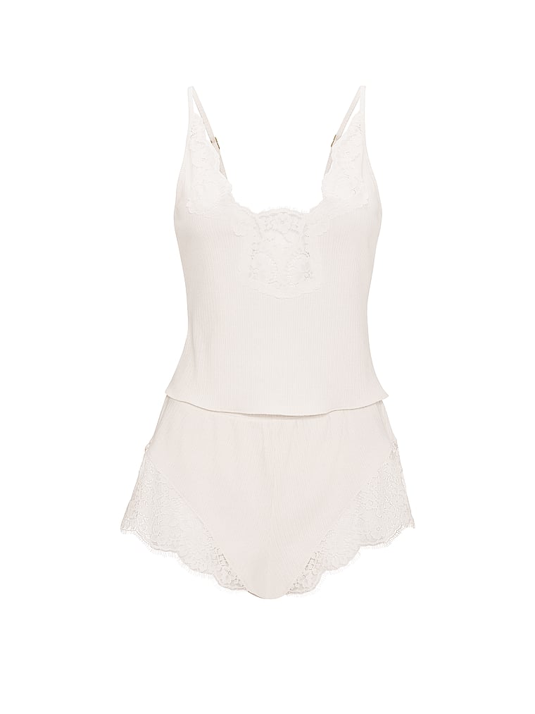 Victoria's Secret, Dream Angels Pointelle Rib Lace-Trim Cami & Short Set, Coconut White, offModelFront, 3 of 3