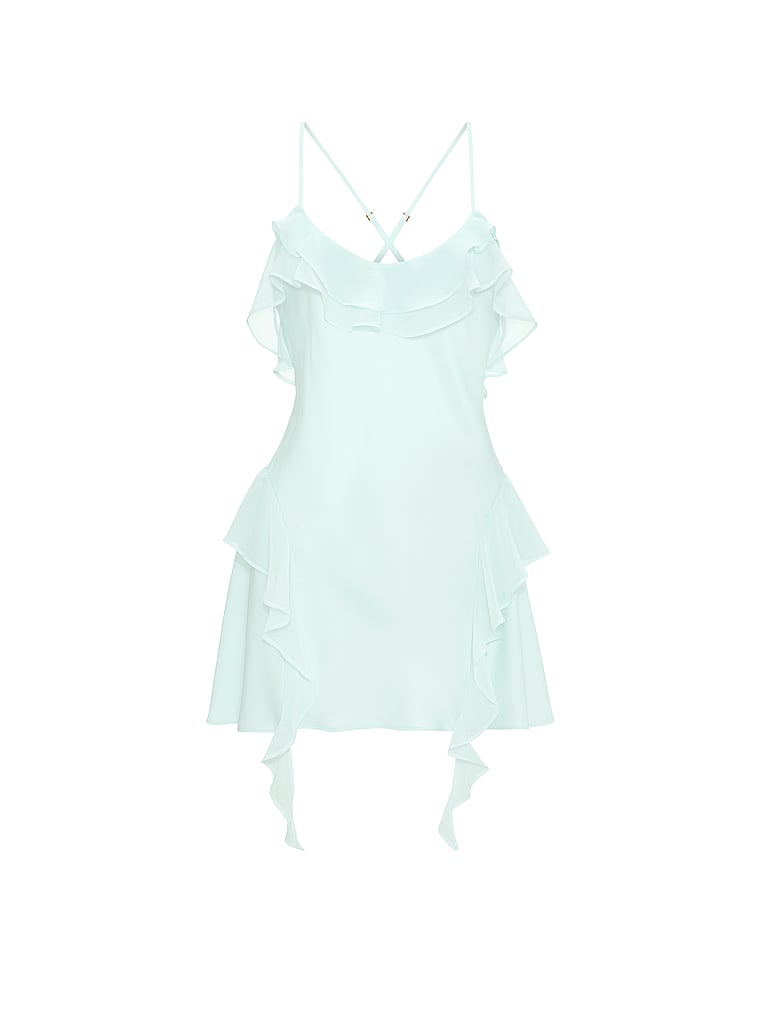 Victoria's Secret, Dream Angels Chiffon Ruffled Mini Slip, Blue Bliss, offModelFront, 3 of 4