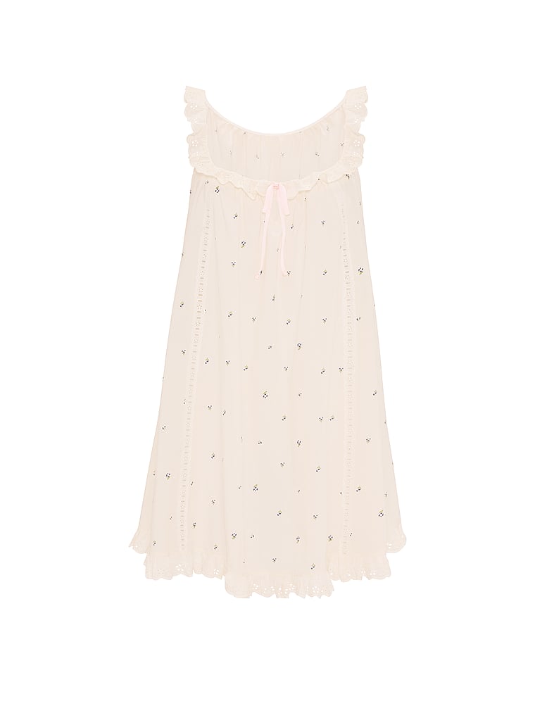 Victoria's Secret, Victoria's Secret Cotton Dream Lace-Trim Short Slip Dress, Coconut White Floral, offModelFront, 4 of 4