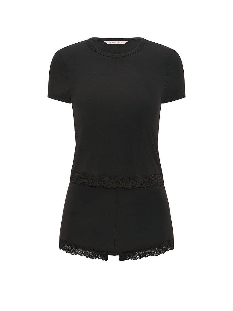 Victoria's Secret, Victoria's Secret SoSoft™ Modal Lace-Trim Tee & Shortie Set, Black, offModelFront, 3 of 3