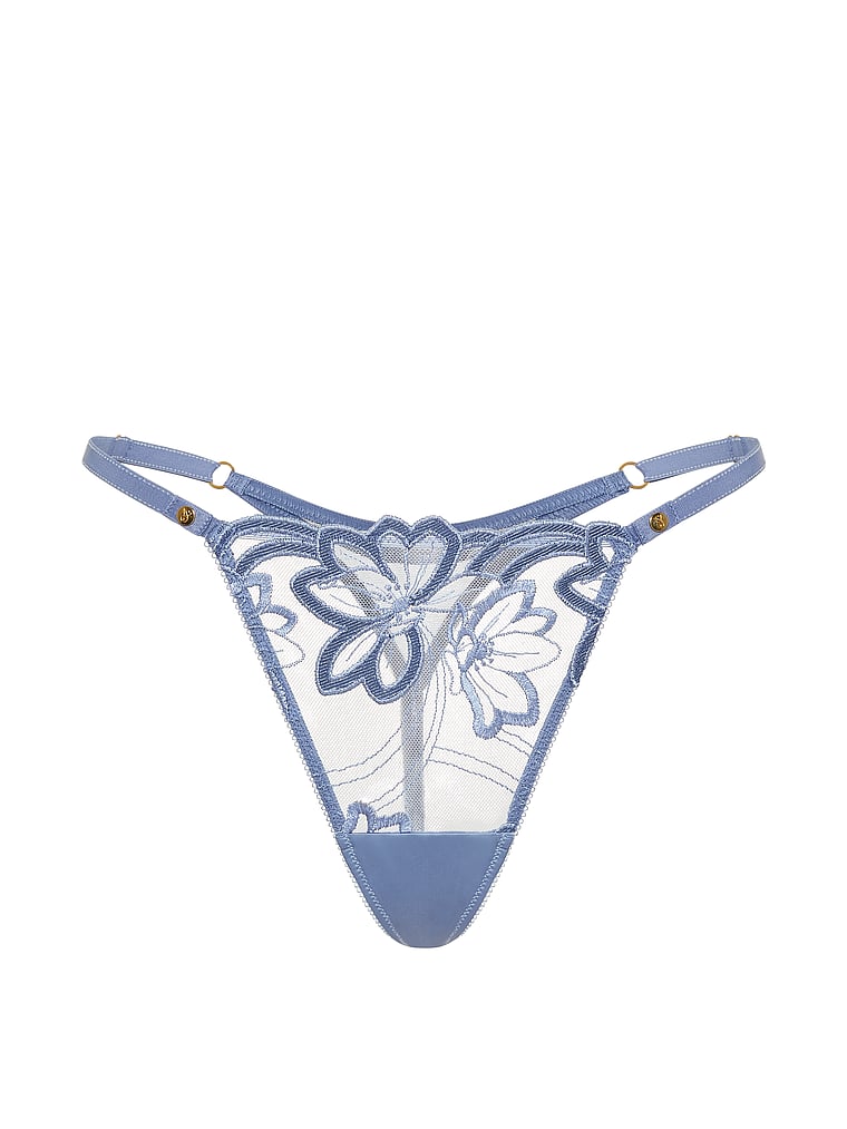 Victoria's Secret, Very Sexy Denim Embroidery Adjustable V-String Panty, Denim Blue, offModelFront, 4 of 4