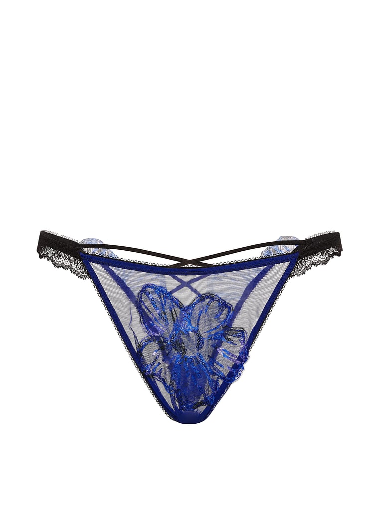 Victoria's Secret, Very Sexy Party Floral Sequin Embroidery Brazilian Panty, Blue Party Floral, offModelFront, 4 of 4