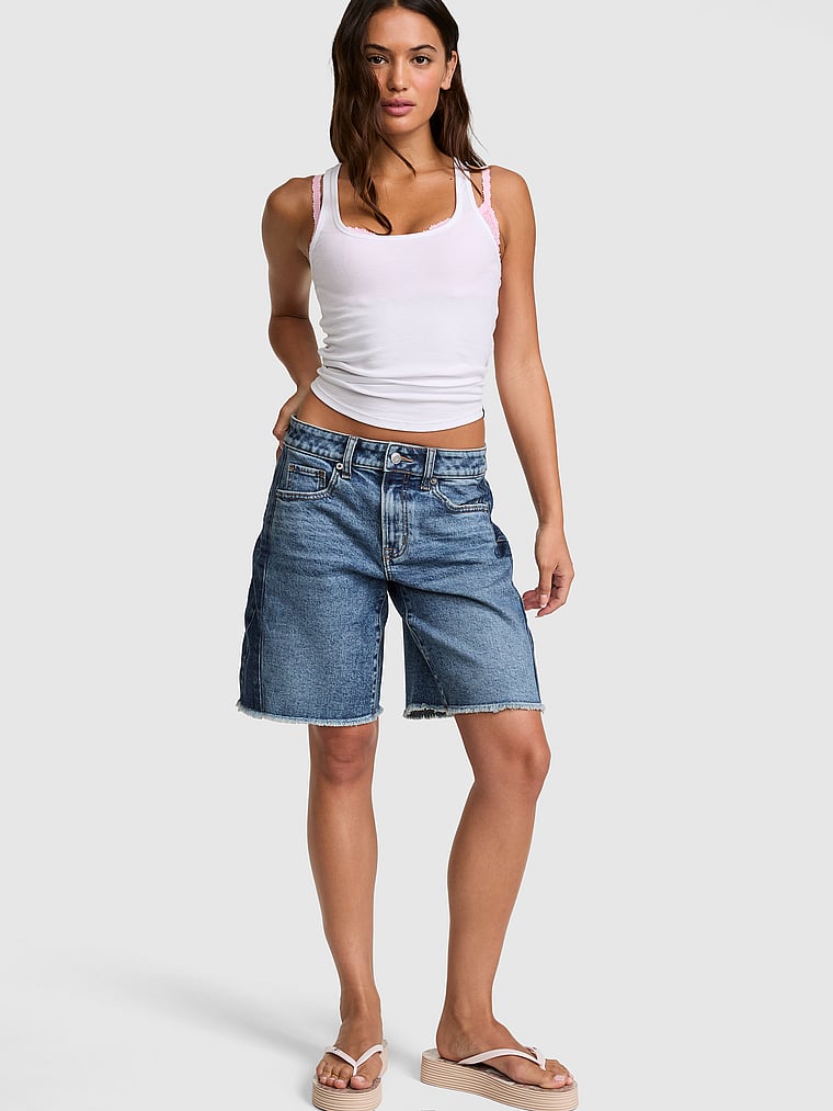 PINK Denim by PINK Mid-Rise Baggy Jorts, Medium Wash, onModelFront, 1 of 3