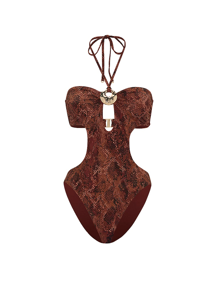 Victoria's Secret, Victoria's Secret Swim Hammered Hardware Cut-Out Halter One-Piece Swimsuit, Serpentine Brown, offModelFront, 3 of 3