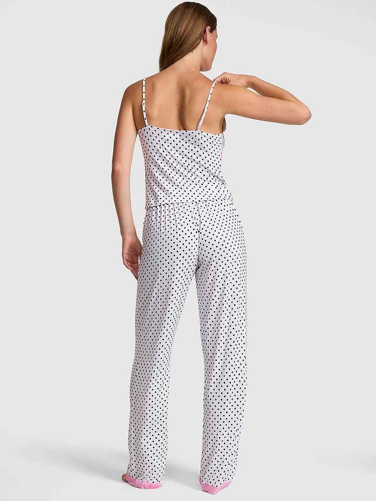 PINK 24/7 Lounge Modal Lace-Trim Cami & Pants Pajama Set, White With Black Dots, onModelBack, 2 of 3