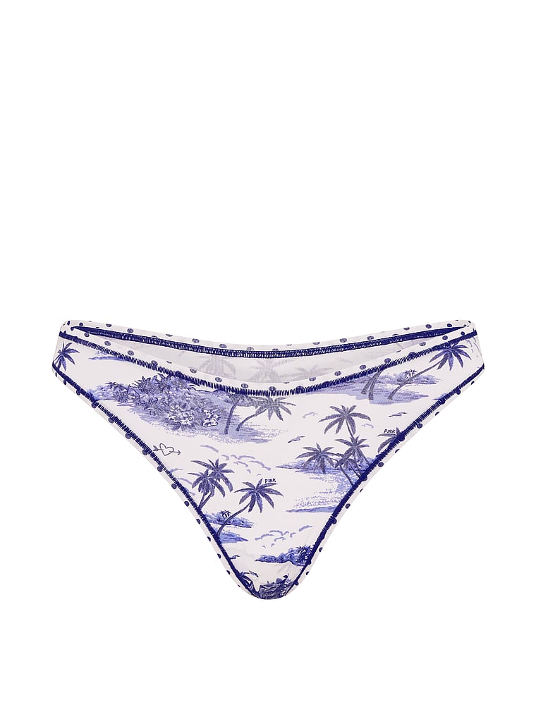 PINK Cotton Lace-Trim Thong Panty, Noir Navy Toile Print, offModelFront, 3 of 3