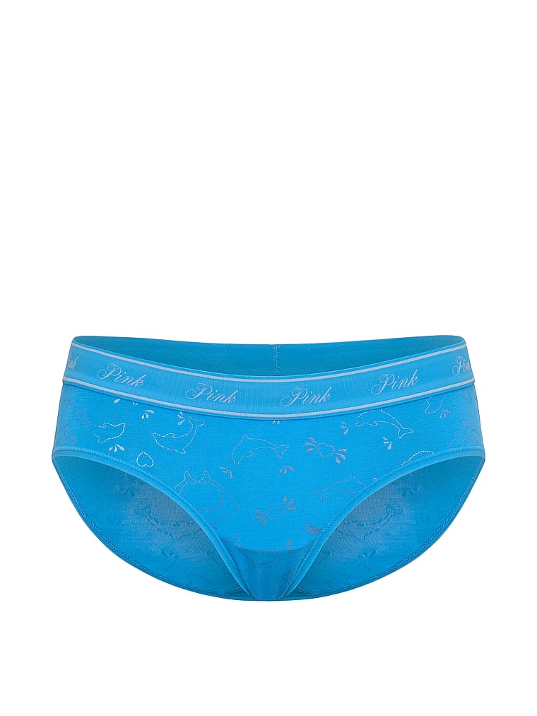PINK Logo Lace Hiphugger Panty, Capri Blue Foil Dolphin Print, offModelFront, 3 of 3