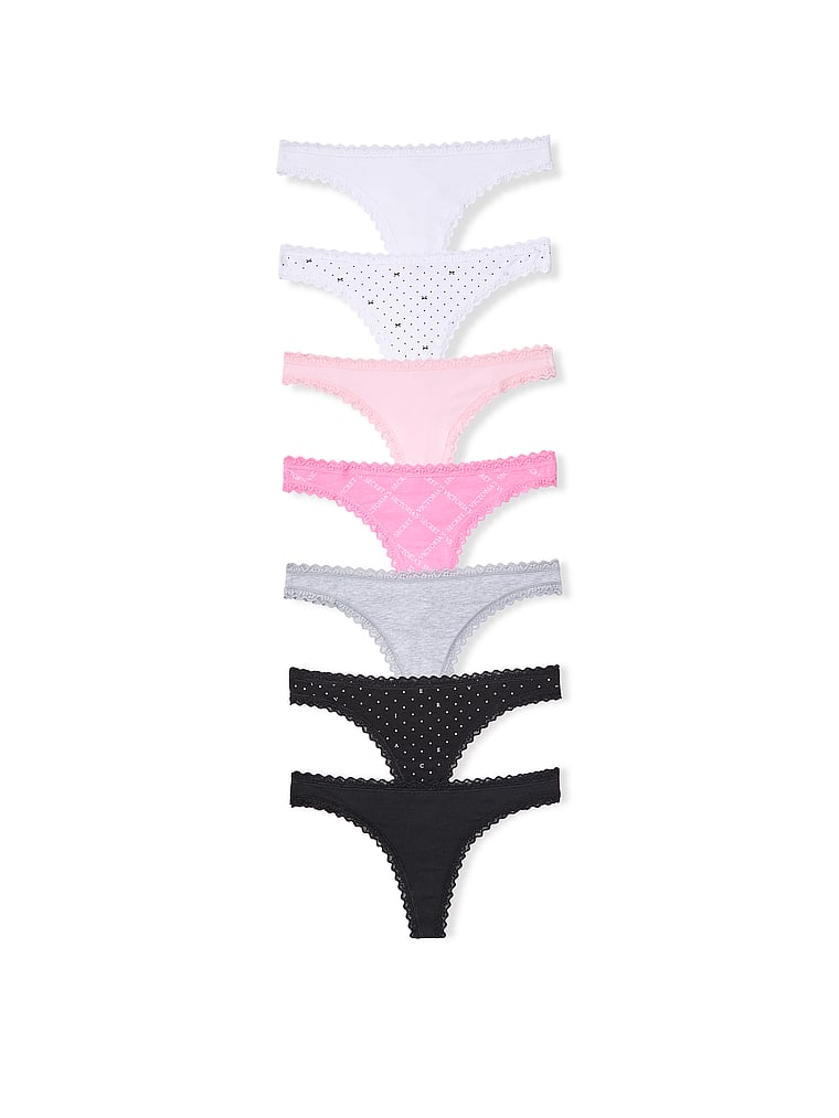 Victoria's Secret, Victoria's Secret 5-Pack Cotton Lace-Trim Thong Panties, Multi, offModelFront, 1 of 1