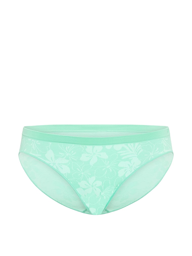 PINK Seamless Bikini Panty, Green Sea Hibiscus Print, offModelFront, 3 of 3