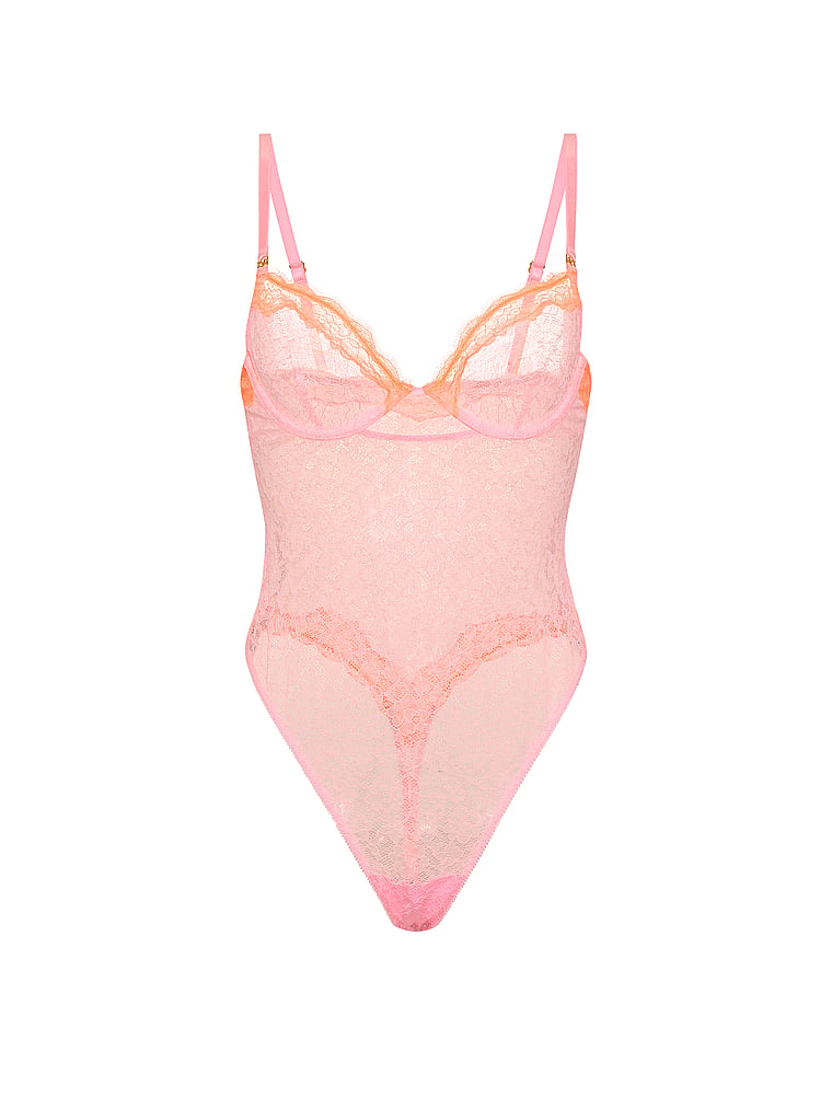 Victoria's Secret, Victoria's Secret Tease Lace Cupped Bodysuit, Boardwalk Pink, offModelFront, 4 of 4