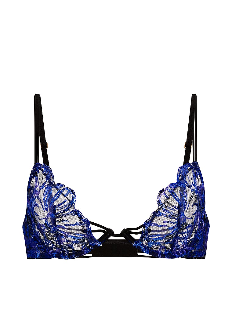 Victoria's Secret, Very Sexy Velvet Ziggy Glam Floral Embroidery Low-Cut Demi Bra, Blue Party Floral, offModelFront, 3 of 4