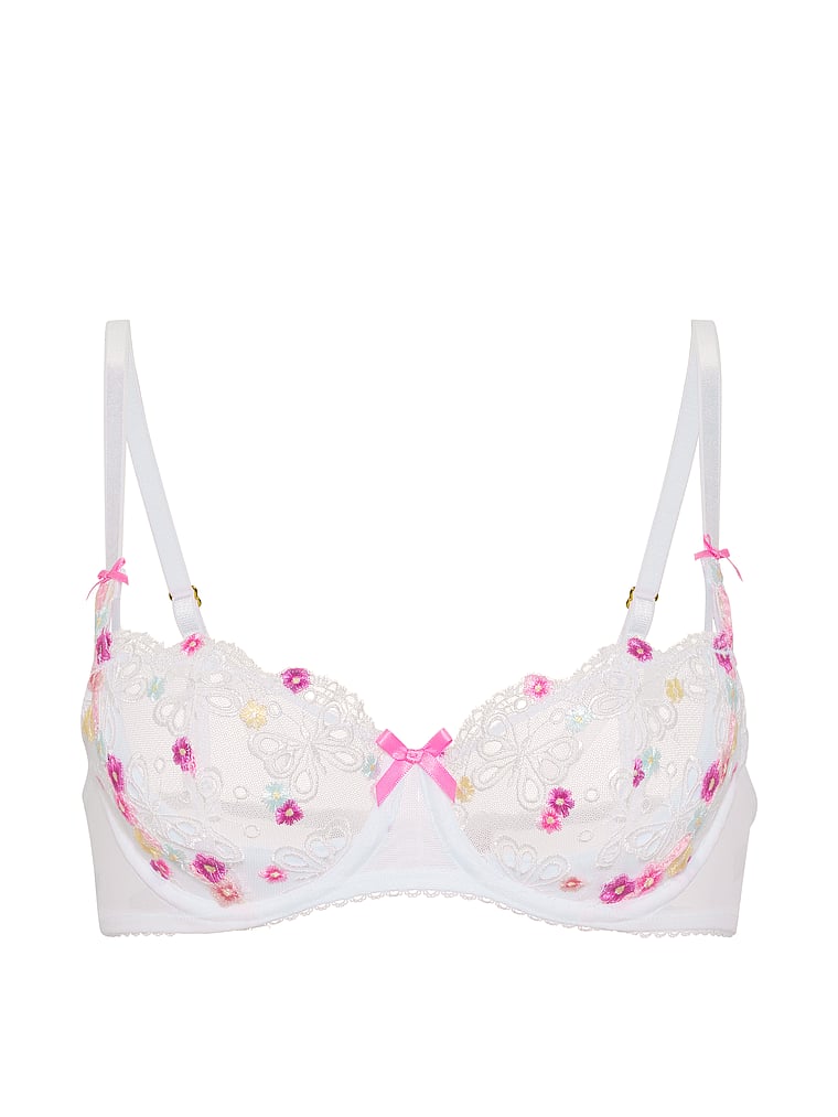 Victoria's Secret, Dream Angels Wicked Unlined Butterflies Embroidery Balconette Bra, White Butterflies, offModelFront, 4 of 5