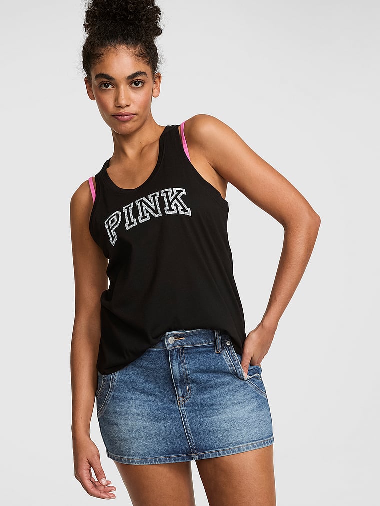 PINK Campus Cotton™ Tank Top, Pure Black, onModelFront, 1 of 3 Vanessa is 5'10" or 178cm and wears Small