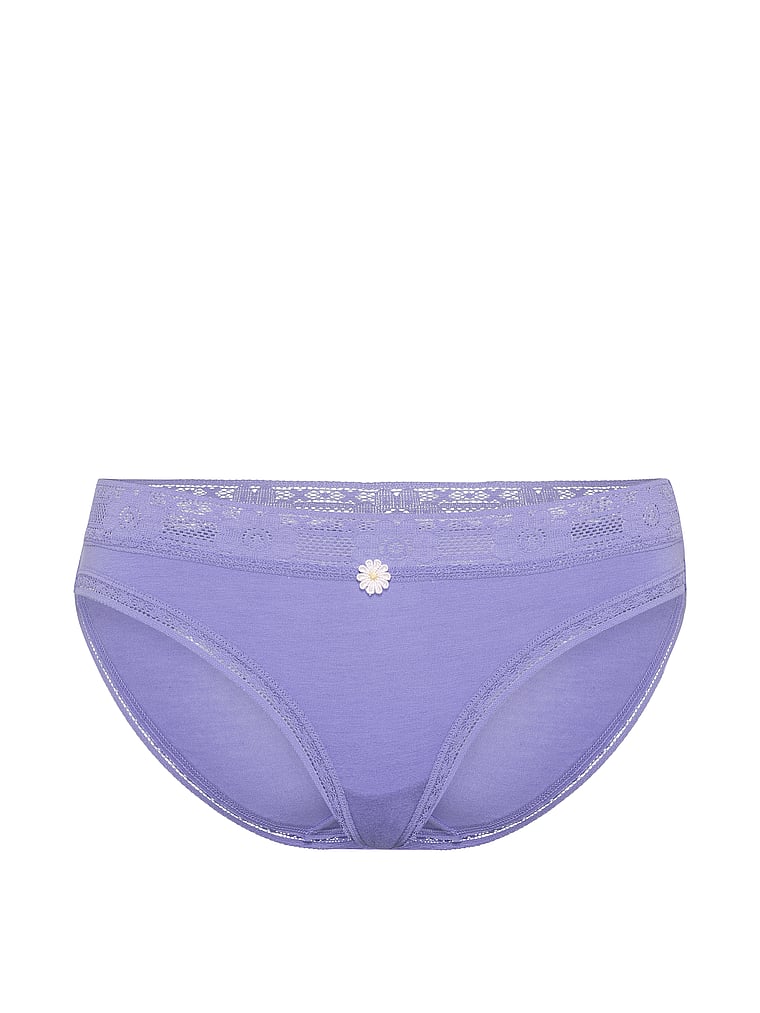 Victoria's Secret, Lace Trim Cotton Lace-Waist Bikini Panty, Periwinkle, offModelFront, 3 of 3