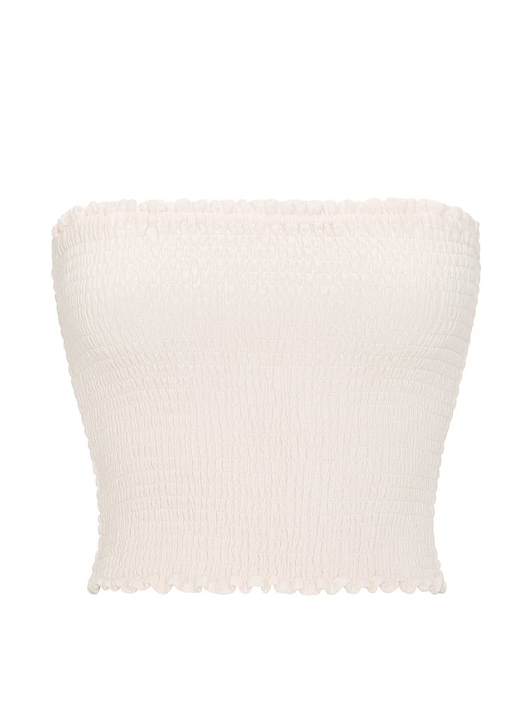 Victoria's Secret, Victoria's Secret Swim Beachwear Cotton Smocked Tube Top, White/Ivory, offModelFront, 3 of 3