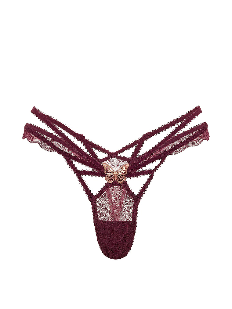 Victoria's Secret, Very Sexy Rose Lace Butterfly Hardware Thong Panty, Rich Maroon, offModelFront, 3 of 4
