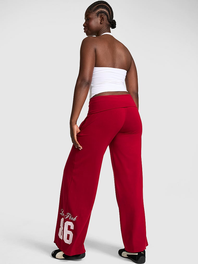 PINK All-Day Cotton™ Foldover Wide-Leg Pants, Red Lacquer, onModelSide, 3 of 4