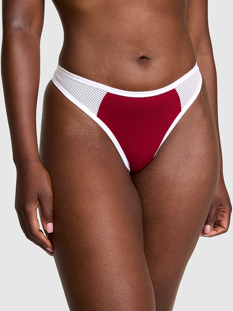 PINK Cotton Thong Panty, Red Lacquer with White Trim, onModelFront, 1 of 3 Fanta is 5'11" or 180cm and wears Large