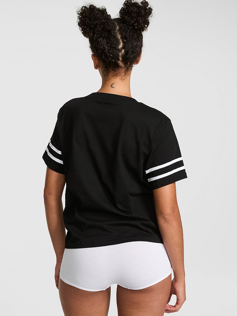 PINK Campus Cotton™ V-Stitch Crewneck Boxy Tee, Pure Black, onModelBack, 2 of 3 Vanessa is 5'10" or 178cm and wears Small