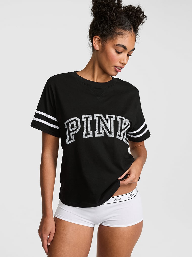 PINK Campus Cotton™ V-Stitch Crewneck Boxy Tee, Pure Black, onModelFront, 1 of 3 Vanessa is 5'10" or 178cm and wears Small