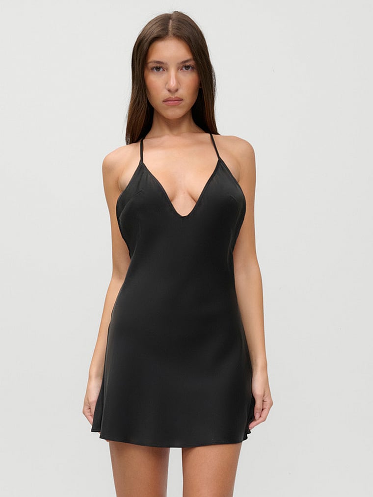 Victoria's Secret, Frankies Bikinis JENNIE x Frankies Bikinis Colette Silk Mini Dress, Black, onModelFront, 1 of 4