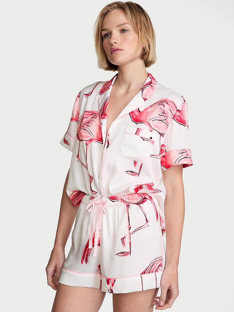 Victoria's Secret, Victoria's Secret Signature Satin Short Pajama Set, Coconut White Flamingos, onModelFront, 1 of 5