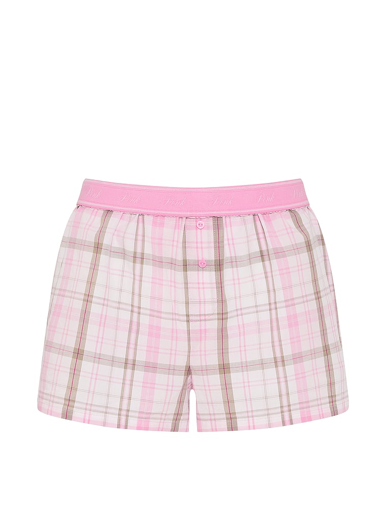 PINK Silky Sleep Shine Boxy Pajama Shorts, White/Pink/Slate Green Plaid, offModelFront, 3 of 3