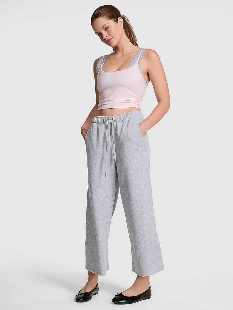 PINK Campus Fleece™ Cropped Wide-Leg Sweatpants, Heather Grey, onModelBack, 2 of 3 Taylor is 5'8" or 173cm and wears Small