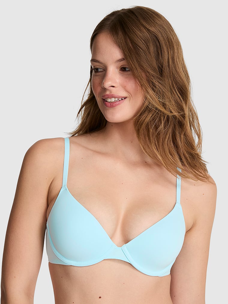 PINK Wear Everywhere™ Lightly Lined Full Coverage T-Shirt Bra, Stream, onModelFront, 1 of 3 Taylor is 5'8" or 173cm and wears 32B or Small