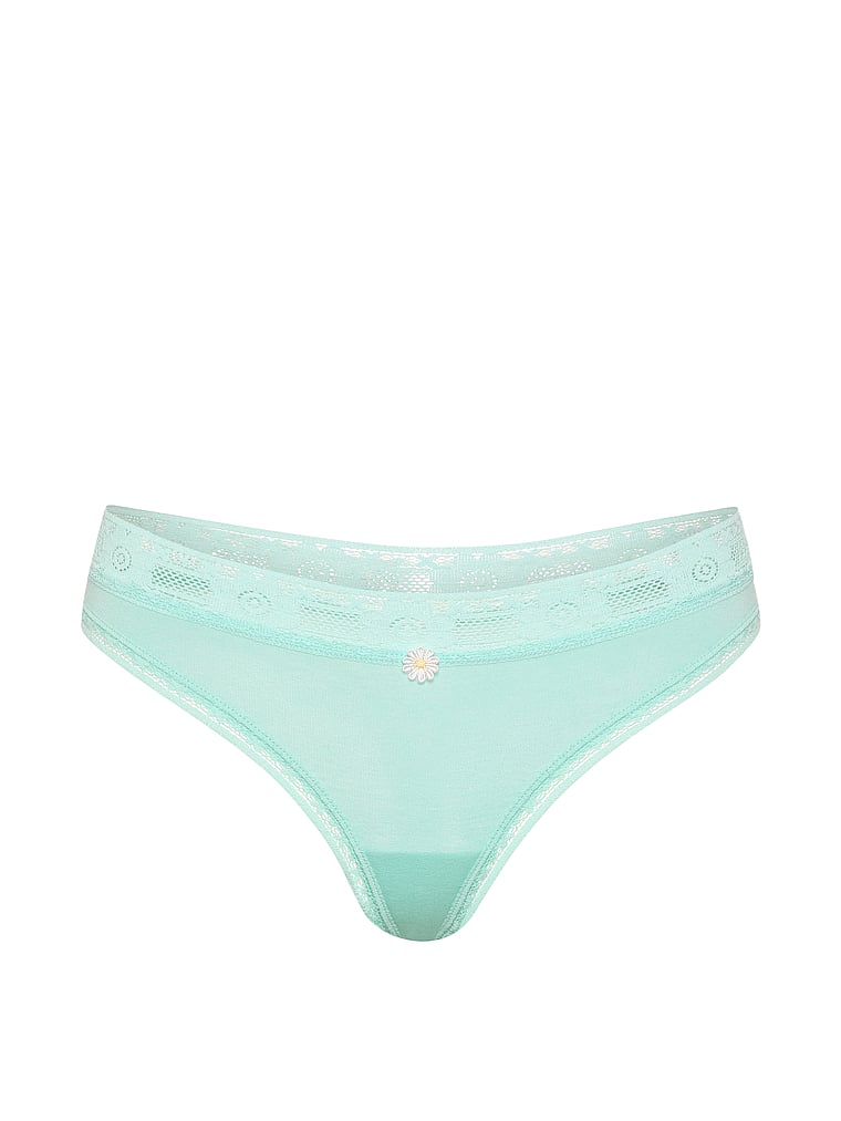 Victoria's Secret, Lace Trim Cotton Lace-Waist Thong, Waterfall, offModelFront, 3 of 3
