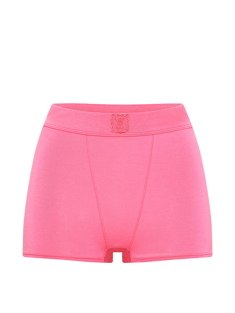 Victoria's Secret, Cotton Logo Cotton High-Waist Boyshort Panty, Pink Radiance, offModelFront, 3 of 3