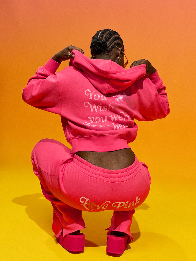 PINK Campus Fleece™ Shrunken Full-Zip Hoodie, Candy Pink Sunset, onModelSide, 1 of 5 Fanta is 5'11" and wears Medium